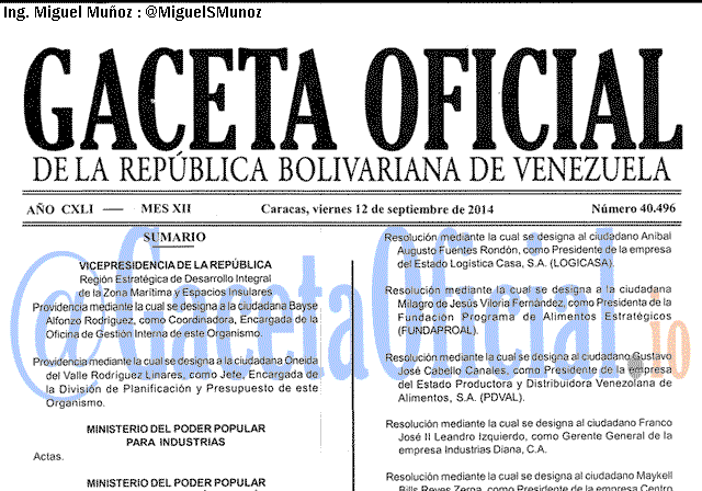 Gaceta Oficial 40496 del 12 Septiembre 2014