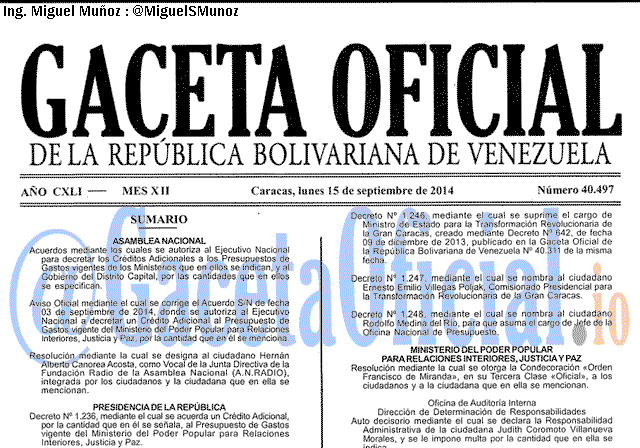 Gaceta Oficial 40497 del 15 Septiembre 2014