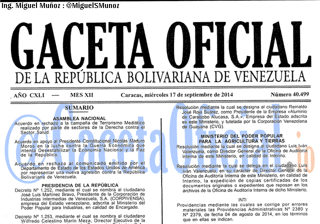 Gaceta Oficial 40499 del 17 Septiembre 2014