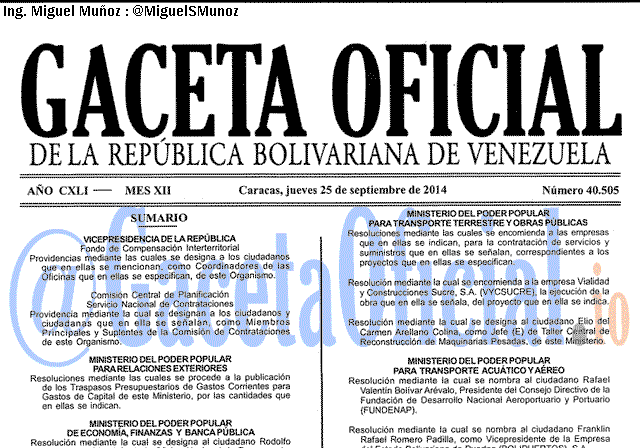 Gaceta Oficial 40505 del 25 Septiembre 2014
