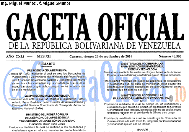 Gaceta Oficial 40506 del 26 Septiembre 2014