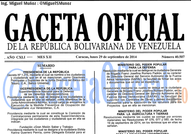 Gaceta Oficial 40507 del 29 Septiembre 2014