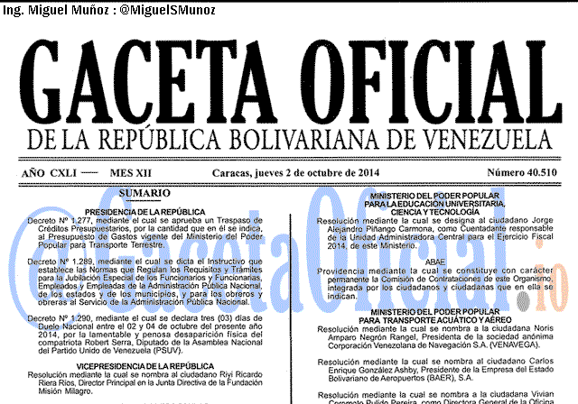Gaceta Oficial 40510 del 2 Octubre 2014