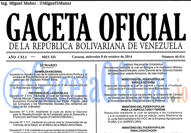 Gaceta Oficial 40514 del 8 Octubre 2014