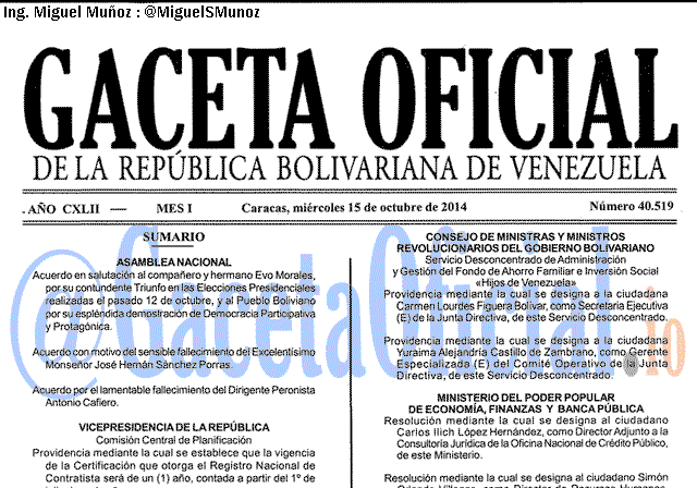 Gaceta Oficial 40519 del 15 Octubre 2014