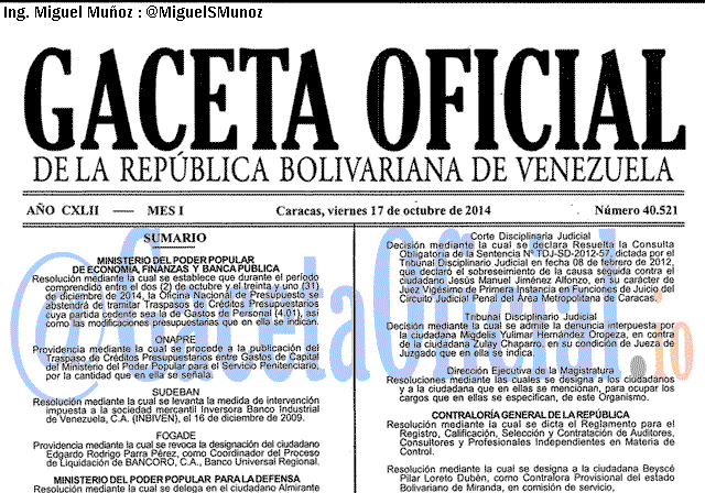 Gaceta Oficial 40521 del 14 Octubre 2014