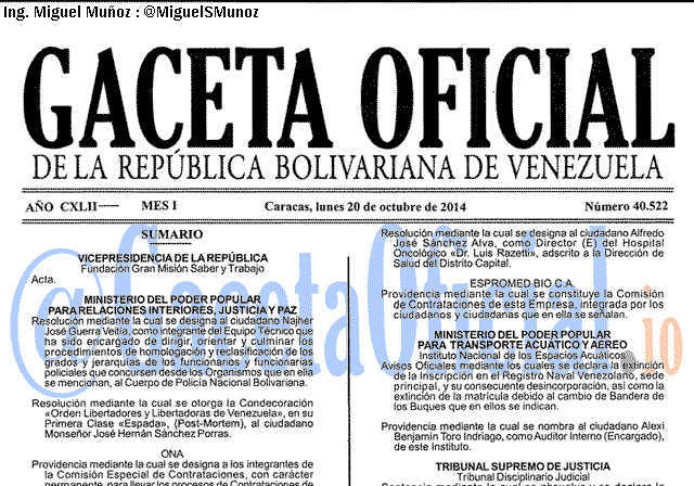 Gaceta Oficial 40522 del 20 Octubre 2014