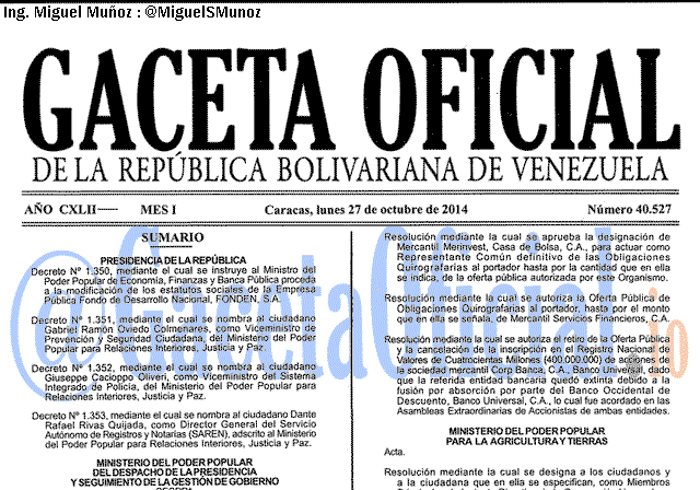 Gaceta Oficial 40527 del 27 Octubre 2014