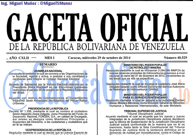 Gaceta Oficial 40529 del 29 Octubre 2014
