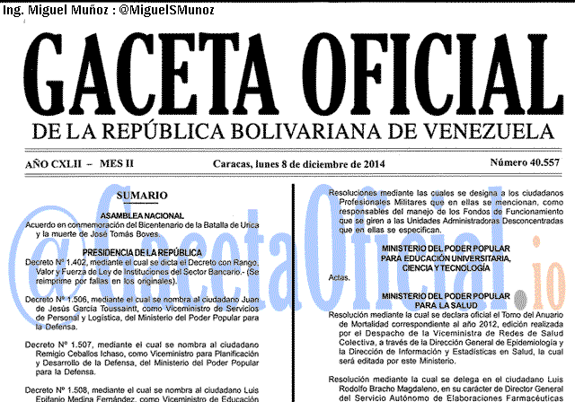 Gaceta Oficial 40557 del 8 Diciembre 2014