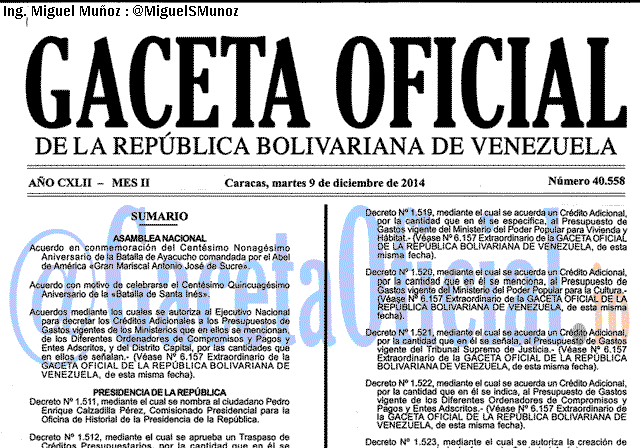 Gaceta Oficial 40558 del 9 Diciembre 2014