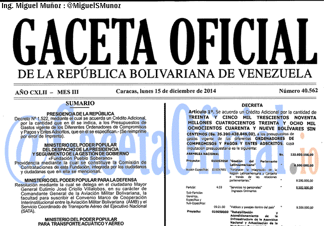 Gaceta Oficial 40562 del 15 Diciembre 2014