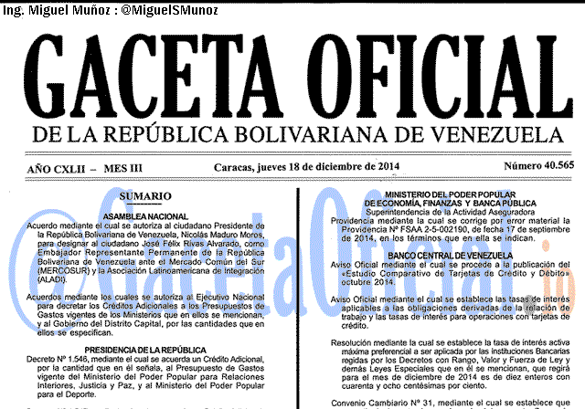 Gaceta Oficial 40565 del 18 Diciembre 2014