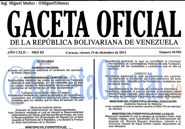Gaceta Oficial 40566 del 19 Diciembre 2014