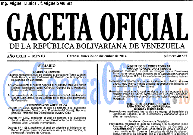 Gaceta Oficial 40567 del 22 Diciembre 2014
