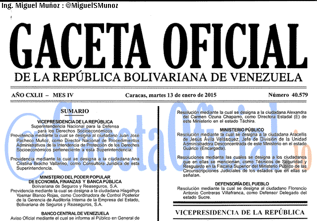 Gaceta Oficial 40579 del 13 Enero 2015
