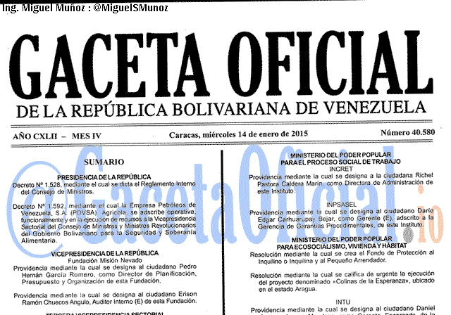 Gaceta Oficial 40580 del 14 Enero 2015