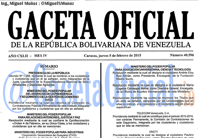 Gaceta Oficial 40596 del 5 Febrero 2015