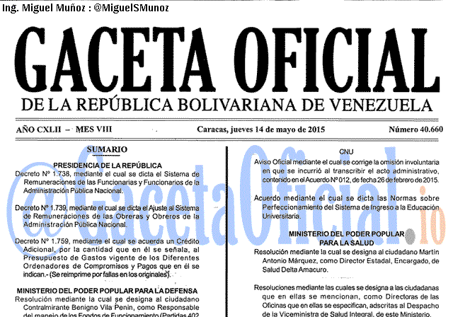 Gaceta Oficial 40660 del 14 mayo 2015