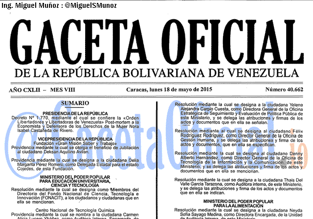 Gaceta Oficial 40662 del 18 mayo 2015