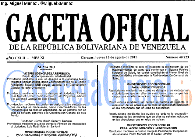 Gaceta Oficial 40723 del 13 agosto 2015
