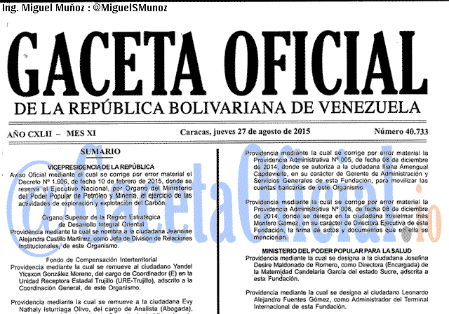 Gaceta Oficial 40733 del 27 AGOSTO 2015