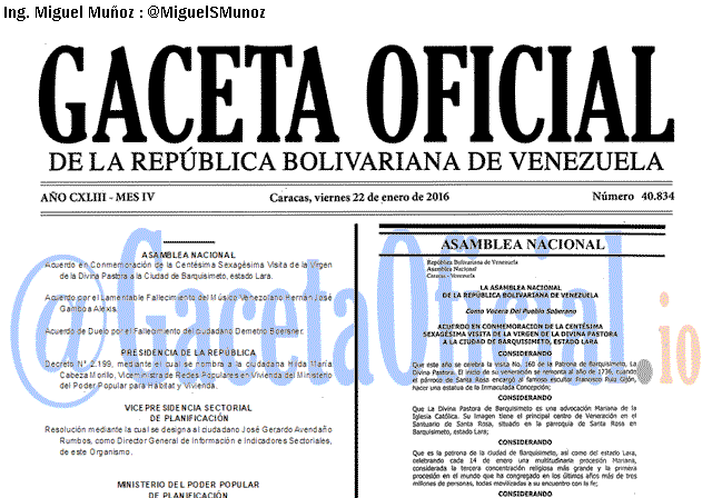 Gaceta Oficial 40834 del 22 enero 2016