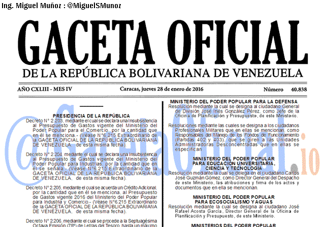 Gaceta Oficial 40838 del 28 enero 2016