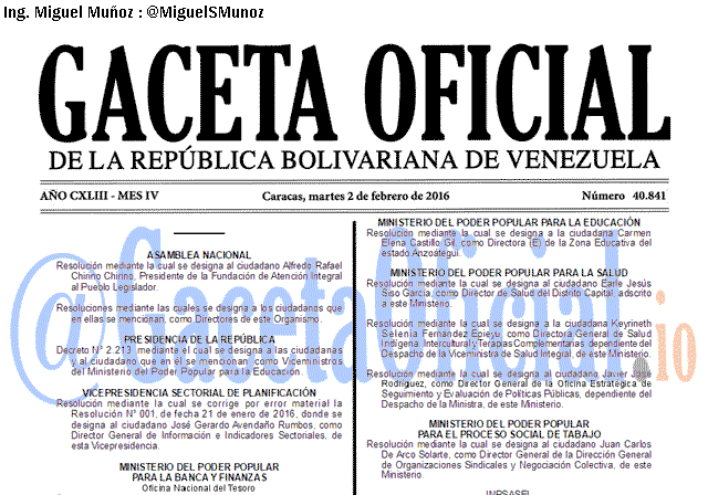 Gaceta Oficial 40841 del 2 febrero 2016