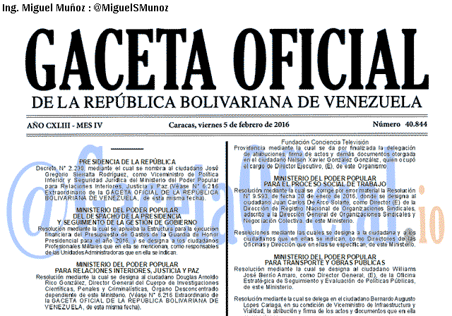 Gaceta Oficial 40844 del 5 febrero 2016