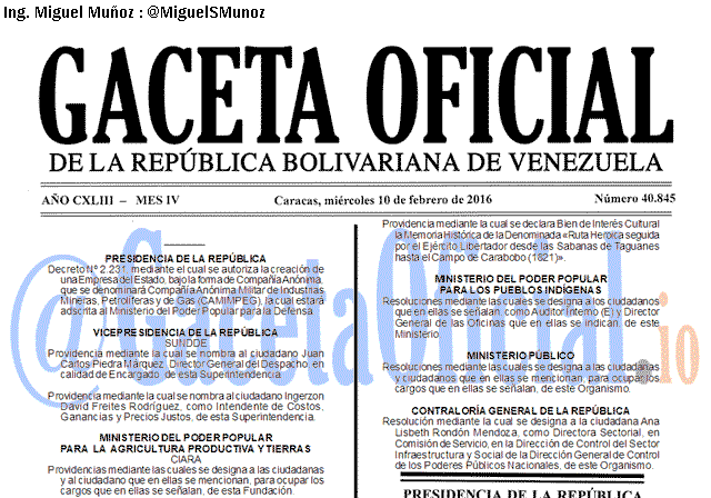 Gaceta Oficial 40845 del 10 febrero 2016