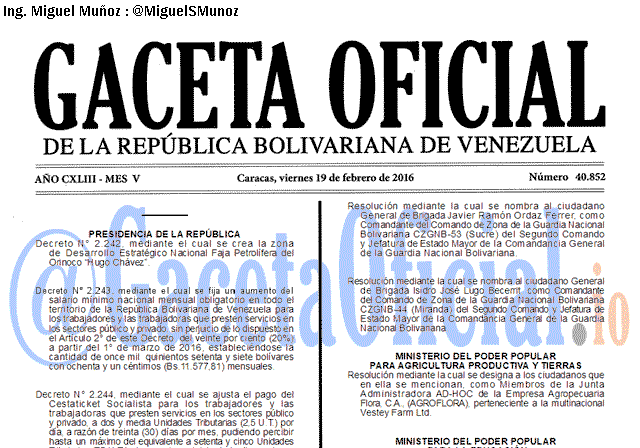 Gaceta Oficial 40852 del 19 febrero 2016