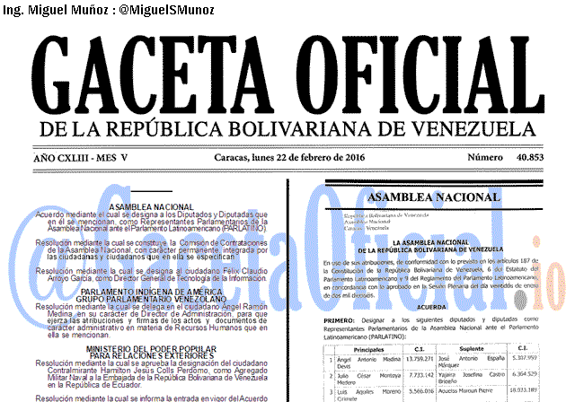 Gaceta Oficial 40853 del 22 febrero 2016