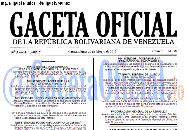 Gaceta Oficial 40858 del 29 febrero 2016
