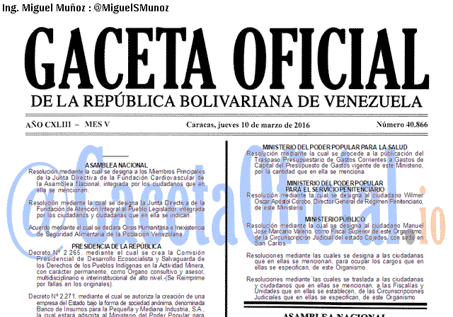Gaceta Oficial 40861 del 10 marzo 2016