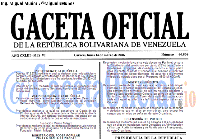 Gaceta Oficial 40868 del 14 de marzo de 2016