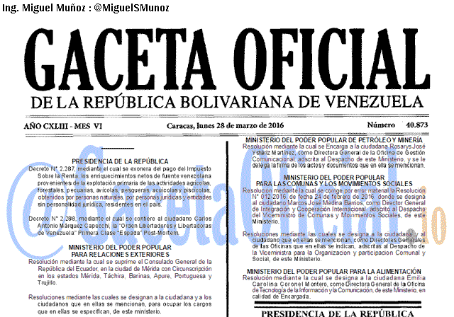 Gaceta Oficial 40873 del 28 marzo 2016