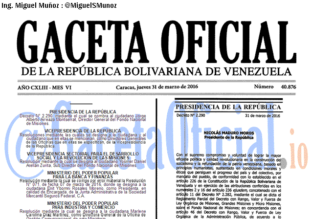 Gaceta Oficial 40876 del 31 marzo 2016