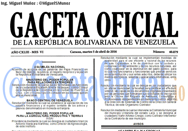 Gaceta Oficial 40879 del 5 Abril 2016