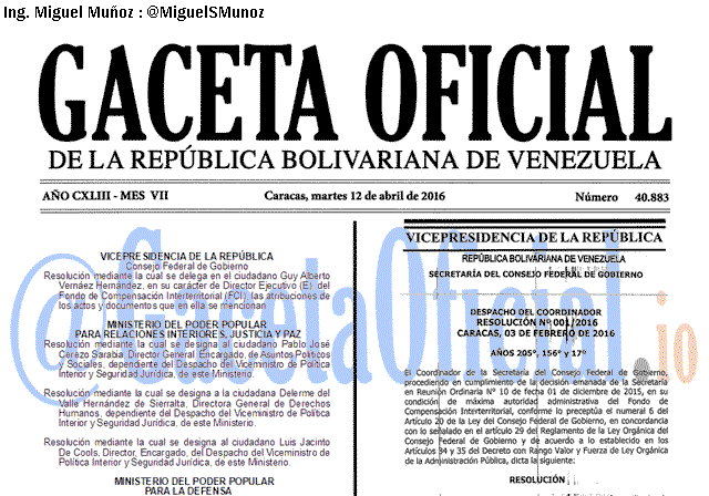 Gaceta Oficial 40883 del 12 abril 2016