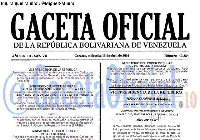 Gaceta Oficial 40884 del 13 abril 2016