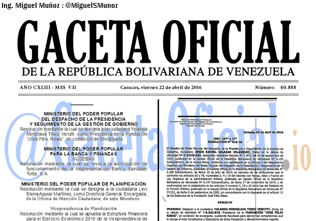 Gaceta Oficial 40888 del 22 abril 2016