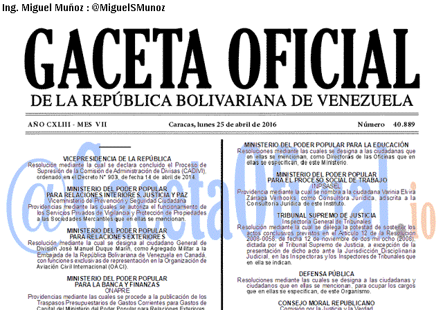 Gaceta Oficial 40889 del 25 abril 2016