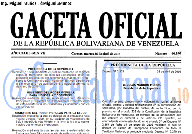 Gaceta Oficial 40890 del 26 abril 2016