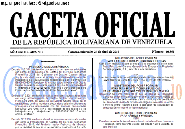 Gaceta Oficial 40891 del 27 abril 2016