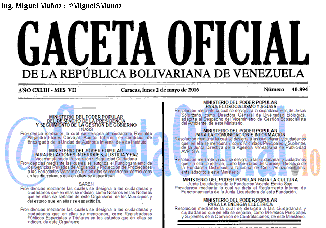 Gaceta Oficial 40894 del 2 mayo 2016