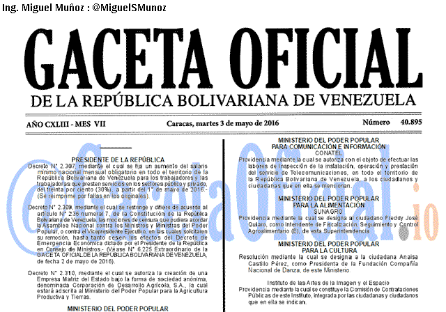 Gaceta Oficial 40895 del 3 mayo 2016