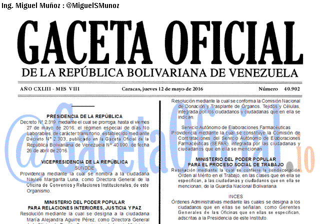 Gaceta Oficial 40902 del 12 mayo 2016