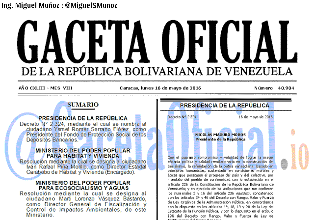 Gaceta Oficial 40904 del 16 mayo 2016