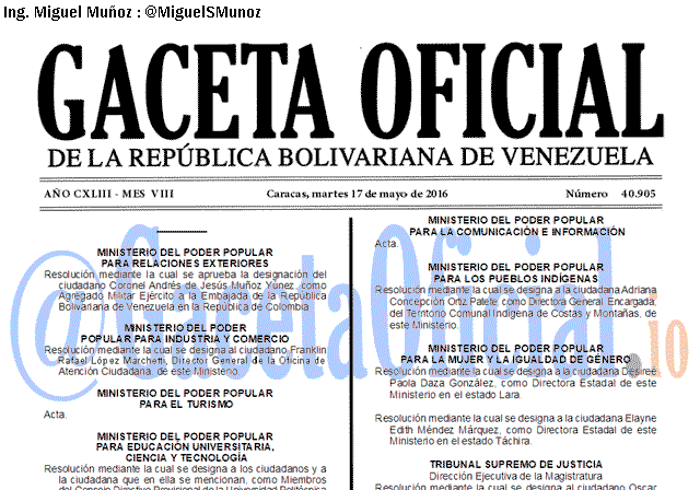 Gaceta Oficial 40905 del 17 mayo 2016